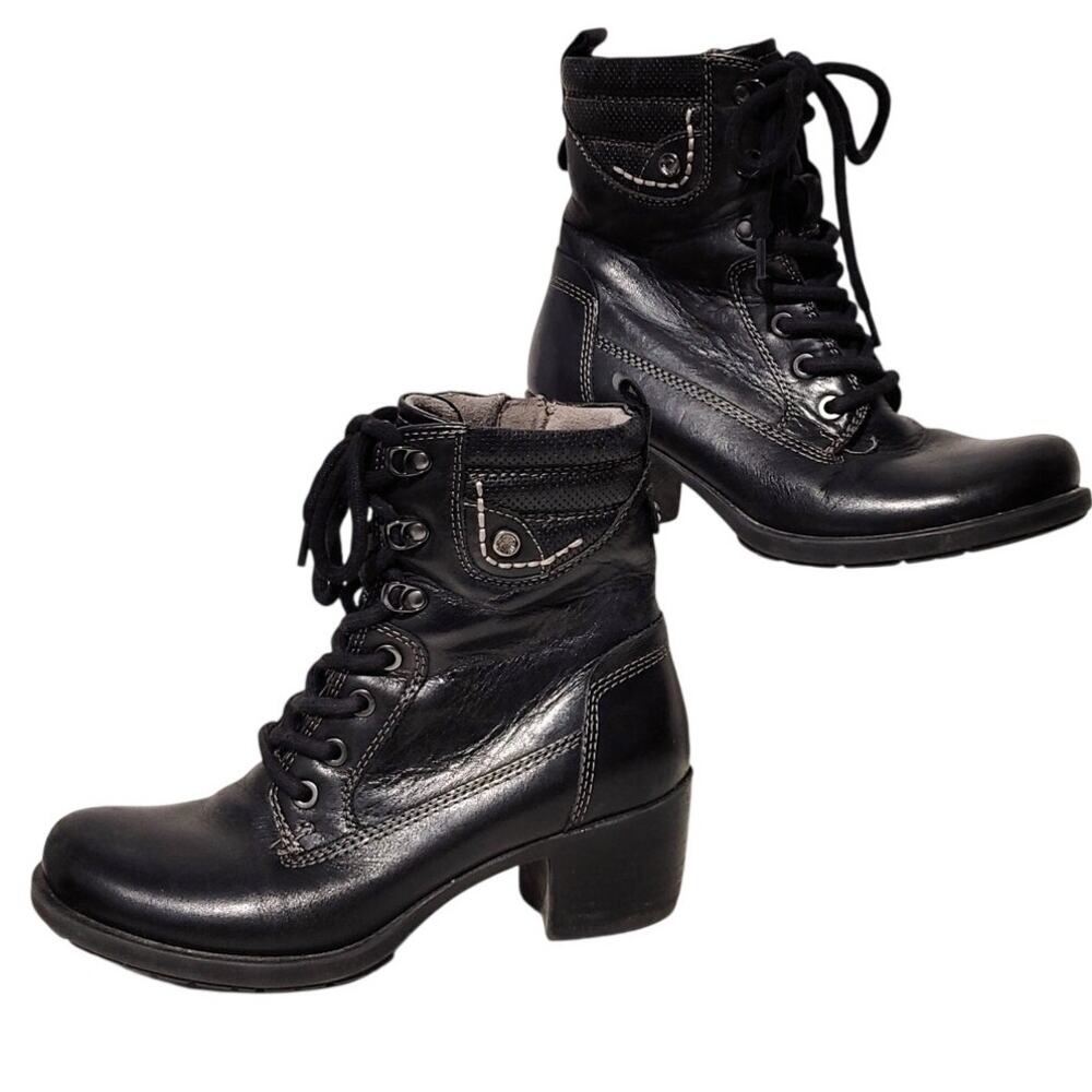 Earth Origins Black Leather Boots 6M Lace Up Side Zip Stacked Heel Pocket Stitch